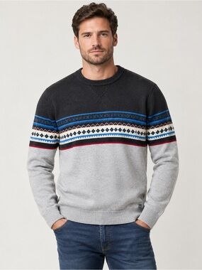 Chaps Fair Isle Crewneck Sweater in Black, Light Gray & Blue Accents